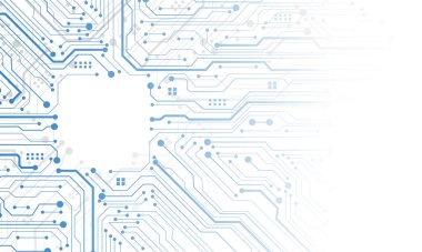Soyut mavi devre kartı teknolojisi elektronik elementlere bağlı bilgisayar anakart işlemcisi yarı iletken dijital beyaz arkaplan vektör çizimi.