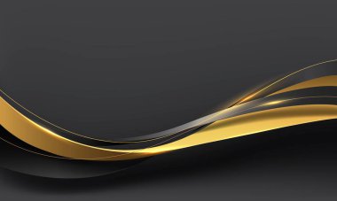 Gri lüks arka plan illüstrasyonunda soyut altın kurdele eğrisi çakışıyor.