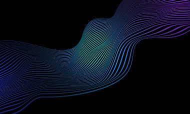 Siyah arkaplan vektör illüstrasyonunda soyut mavi mor çizgiler dalga eğrisi.