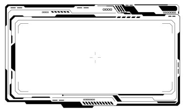 HUD, siyah kullanıcı arayüzü elementlerini tasarım modern teknoloji fütüristik kontrol paneli dijital sanal pencere oyun menüsü siber monitöre dokunarak beyaz arkaplan vektör ilülasyonunu ayarlar.