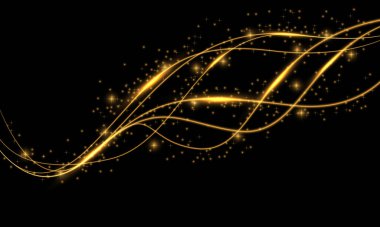 Siyah arkaplan vektör illüstrasyonunda soyut altın çizgiler eğrisi dalga lüksü.