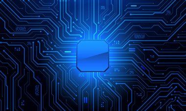 Soyut mavi devre kartı teknolojisi elektronik elementlere bağlı bilgisayar anakart işlemcisi yarı iletken dijital arkaplan çizimi.