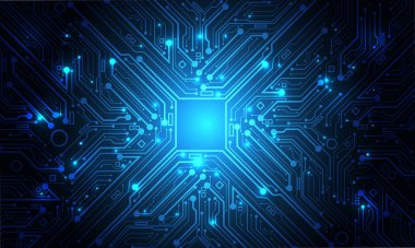 Soyut mavi devre kartı teknolojisi elektronik elementlere bağlı bilgisayar anakart işlemcisi yarı iletken dijital arkaplan çizimi.