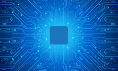 Soyut mavi devre kartı teknolojisi elektronik elementlere bağlı bilgisayar anakart işlemcisi yarı iletken dijital arkaplan çizimi.
