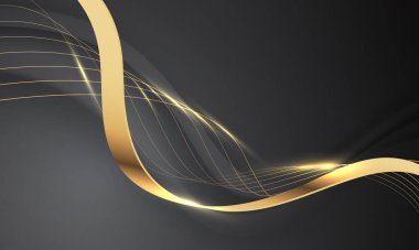 Soyut altın çizgiler, siyah arkaplan vektör illüstrasyonunda lüks dalgalar oluşturur.