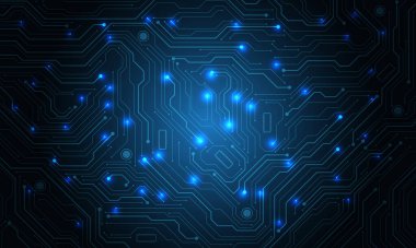 Soyut siyah devre kartı teknolojisi elektronik elementlere bağlı bilgisayar anakart işlemcisi yarı iletken dijital beyaz arkaplan vektör çizimi.
