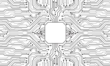 Soyut siyah devre kartı teknolojisi elektronik elementlere bağlı bilgisayar anakart işlemcisi yarı iletken dijital beyaz arkaplan vektör çizimi.
