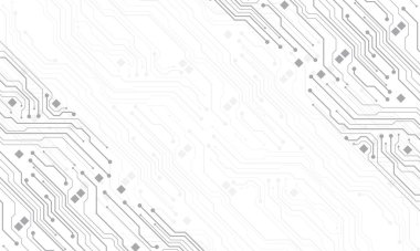 Soyut gri devre kartı teknolojisi elektronik elementleri birbirine bağlar bilgisayar ana kartı dijital olarak beyaz arkaplan vektör illüstrasyonunda.