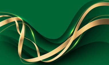 Gri lüks arka plan illüstrasyonunda soyut altın yeşil kurdele eğrisi çakışıyor.