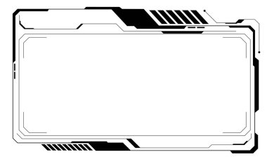 HUD, siyah kullanıcı arayüzü elementlerini tasarım modern teknoloji fütüristik kontrol paneli dijital sanal pencere oyun menüsü siber monitöre dokunarak beyaz arkaplan vektör ilülasyonunu ayarlar.