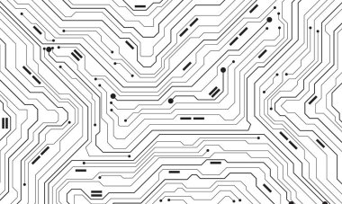 Soyut siyah devre kartı teknolojisi elektronik elementlere bağlı bilgisayar anakart işlemcisi yarı iletken dijital beyaz arkaplan vektör çizimi.