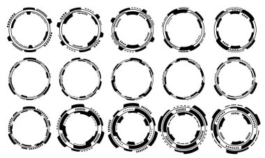 Bilim kurgu siyah çember kullanıcı arayüzü elementleri kümesi teknoloji fütüristik tasarım beyaz arkaplan vektör illüstrasyonunda modern yaratıcı.