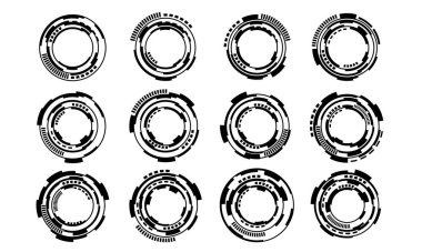 Bilim kurgu siyah çember kullanıcı arayüzü elementleri kümesi teknoloji fütüristik tasarım beyaz arkaplan vektör illüstrasyonunda modern yaratıcı.