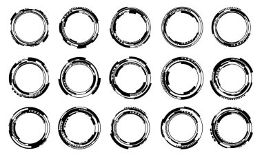 Bilim kurgu siyah çember kullanıcı arayüzü elementleri kümesi teknoloji fütüristik tasarım beyaz arkaplan vektör illüstrasyonunda modern yaratıcı.