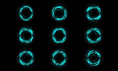 Bilimkurgu mavi neon daire kullanıcı arayüzü elementleri seti teknoloji fütüristik tasarım siyah arkaplan vektör ilülasyonu üzerinde modern yaratıcı.