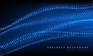Soyut mavi ağ parçacıkları dalga eğrisi siyah arkaplan vektörü illüstrasyonunda dijital ağ örtüşür.
