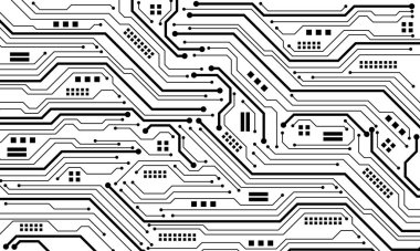 Soyut siyah devre kartı teknolojisi elektronik elementlere bağlı bilgisayar anakart işlemcisi yarı iletken dijital beyaz arkaplan vektör çizimi.