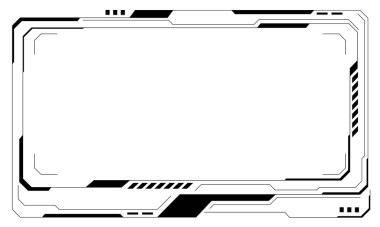 Hud çerçeve siyah kullanıcı arayüzü unsurları tasarlıyor modern teknoloji fütüristik kontrol paneli dijital sanal pencere oyun menüsü beyaz arkaplan vektör ilülasyonunda siber monitöre dokunuyor.