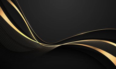 Siyah lüks arka plan illüstrasyonunda soyut gri dalga altın kurdele eğrisi.