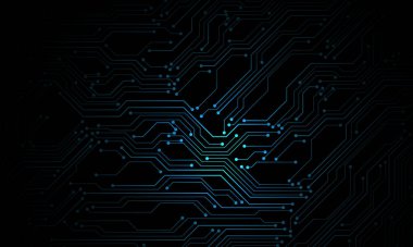 Soyut mavi devre kartı teknolojisi elektronik elementlere bağlı bilgisayar anakart işlemcisi yarı iletken siyah arkaplan çizimi.