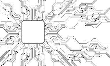 Soyut siyah devre kartı teknolojisi elektronik elementlere bağlı bilgisayar ana kart işlemcisi yarı iletken dijital beyaz arkaplan vektör illüstrasyonuna.