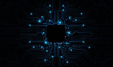 Soyut mavi devre kartı teknolojisi elektronik elementlere bağlı bilgisayar anakart işlemcisi yarı iletken siyah arkaplan çizimi.