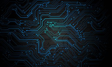 Soyut mavi devre kartı teknolojisi elektronik elementlere bağlı bilgisayar anakart işlemcisi yarı iletken siyah arkaplan çizimi.