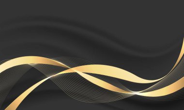Mavi lüks arka plan illüstrasyonunda soyut gri dalga altın kurdele eğrisi.