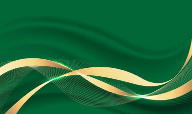 Yeşil lüks arka plan illüstrasyonunda soyut gri dalga altın kurdele eğrisi.