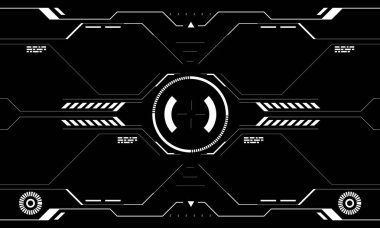 HUD bilim kurgu arayüzü beyaz dairesel geometrik tasarım siyah vektör illüstrasyonunda yaratıcı teknoloji görüntüsü.