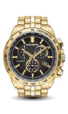 Gerçekçi saat kronografisi altın siyah tasarım lüks nesne erkekler için beyaz arkaplan vektör illüstrasyon.