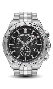 Gerçekçi izle saati chronograph paslanmaz çelik siyah tasarım lüks moda nesne beyaz arka plan vektör çizim erkekler için.