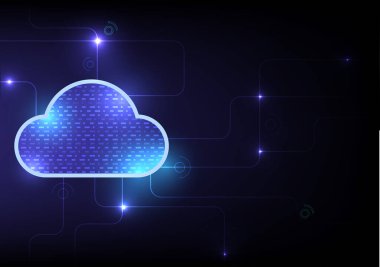 Fütürist modern bulut teknolojisi soyut arka plan, koyu mavi arkaplan üzerine büyük veri depolama merkezi, büyük veri merkezi. Gelecekteki altyapı. Dijital ai kavramı. Sanal sunucu sembolü. Vektör illüstrasyonu.