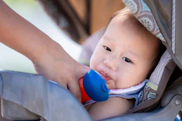 Infant Sipping Water Bottle Stroller Asian Baby Boy Gazes Camera — Stock Photo, Image