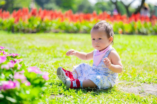 Bebek Çocuk Sunlit Çiçek Bahçesinde Oynuyor Düşünceli Bir Ifadeyle Sevimli Stok Fotoğraf