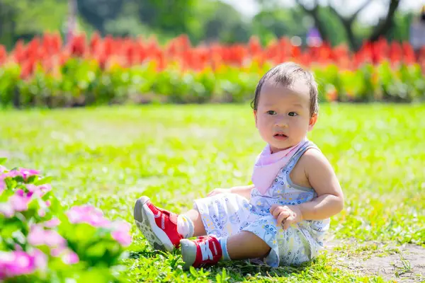 Asyalı Bir Yaşındaki Çocuk Renkli Bahçe Çiçeklerinin Arasında Oturuyor Genç - Stok İmaj