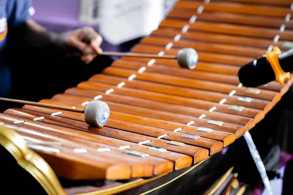 Thai Xylophone Ranat Musical Performance Tangan Seorang Seniman Memainkan Xylophone — Stok Foto
