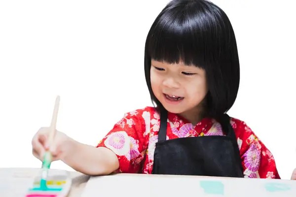 Portrait Smiling Child Joyfully Painting Brush Kid Enjoying Art Learning Stock Image