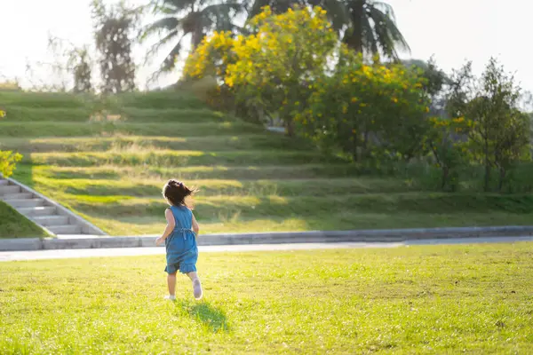 アジアの子供の女の子の肖像画は自然の中で屋外の遊び時間を楽しんでいます 公園の緑の草の上に実行し 夏または春の景色 自然に近い緑の畑で実行される ロイヤリティフリーのストック写真