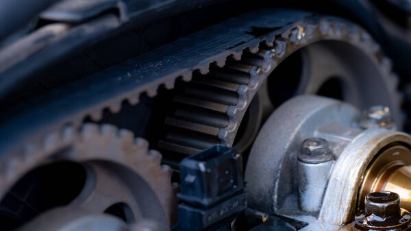 Close View Old Car Engine Showing Various Gears Machinery Sensor Stock Image