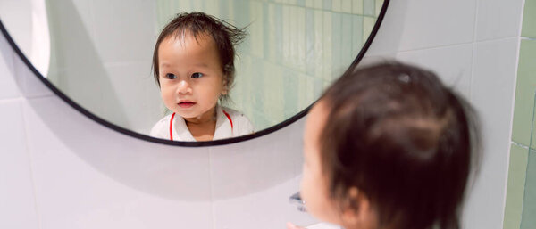 Cute Boy Bathroom Mirror Stock Image