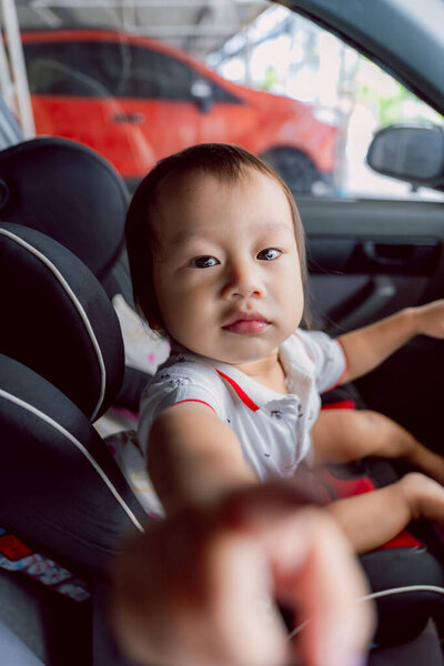 Baby Boy Sitting Car Seat Smiling Enjoying Ride Toddler Aged Stock Photo