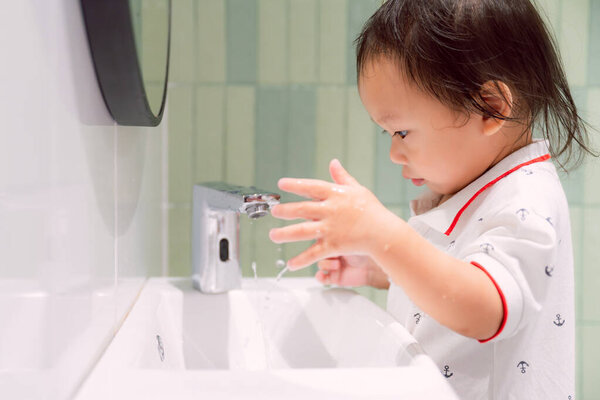 Little Child Washing Hands Bathroom Focus Hygiene Cleanliness Toddler Aged Stock Picture