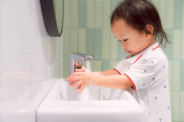 Tiny Hands Big Hygiene Adorable Toddler Diligently Practices Handwashing Pristine Royalty Free Stock Photos