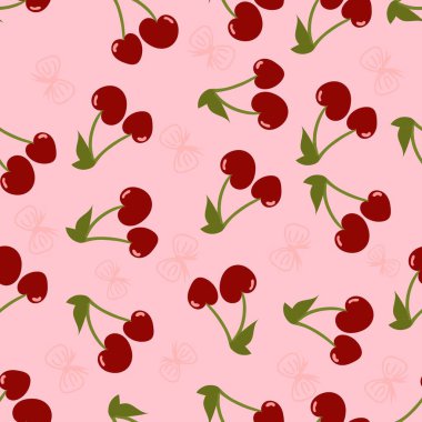 Renkli dizayn edilmiş kiraz yapraklı kusursuz bir desen doğayı ve yaz atmosferini sergiliyor. Kalp ve Aşk. Sevgililer Günü konsepti. Paket kağıdı, Kumaş.