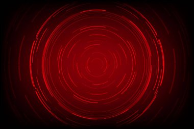 Girdap desenli kırmızı spiral arka plan. Teknoloji çemberi parlıyor. Siber düğme sanal gelecekçiyi vurguluyor.