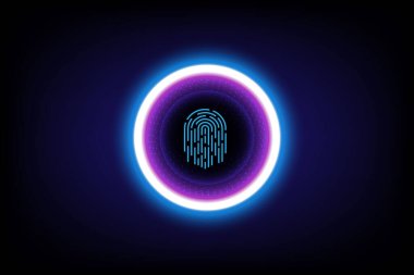 Parlayan mavi ve mor enerji çemberinin içindeki bilim kurgu dijital parmak izi, siber güvenlik, kimlik doğrulama teknolojisi, biyometrik güvenlik sistemleri gibi modern ve geleceksel hisler veriyor.