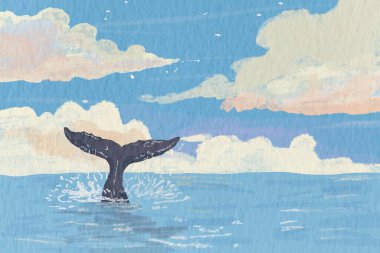 Denizde balina kuyruğu. Okyanus dalgaları ve mavi gökyüzü olan tropik bir adanın yakınında yüzen balina..