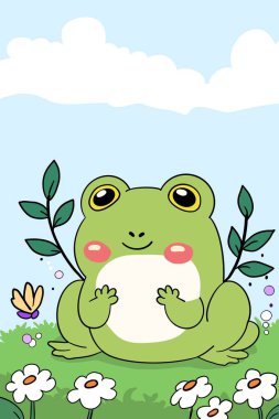 Şirin çizgi film kurbağası, suyun üzerinde yeşil çimlerde otururken mutlu bir şekilde gülümsüyor. Renkli doğa çizimi..