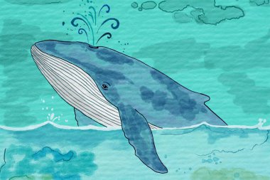 Tropikal bir denizde yüzen bir balinanın karikatür çizimi, sırtına neşeyle su püskürtüyor, dijital suluboya resim..